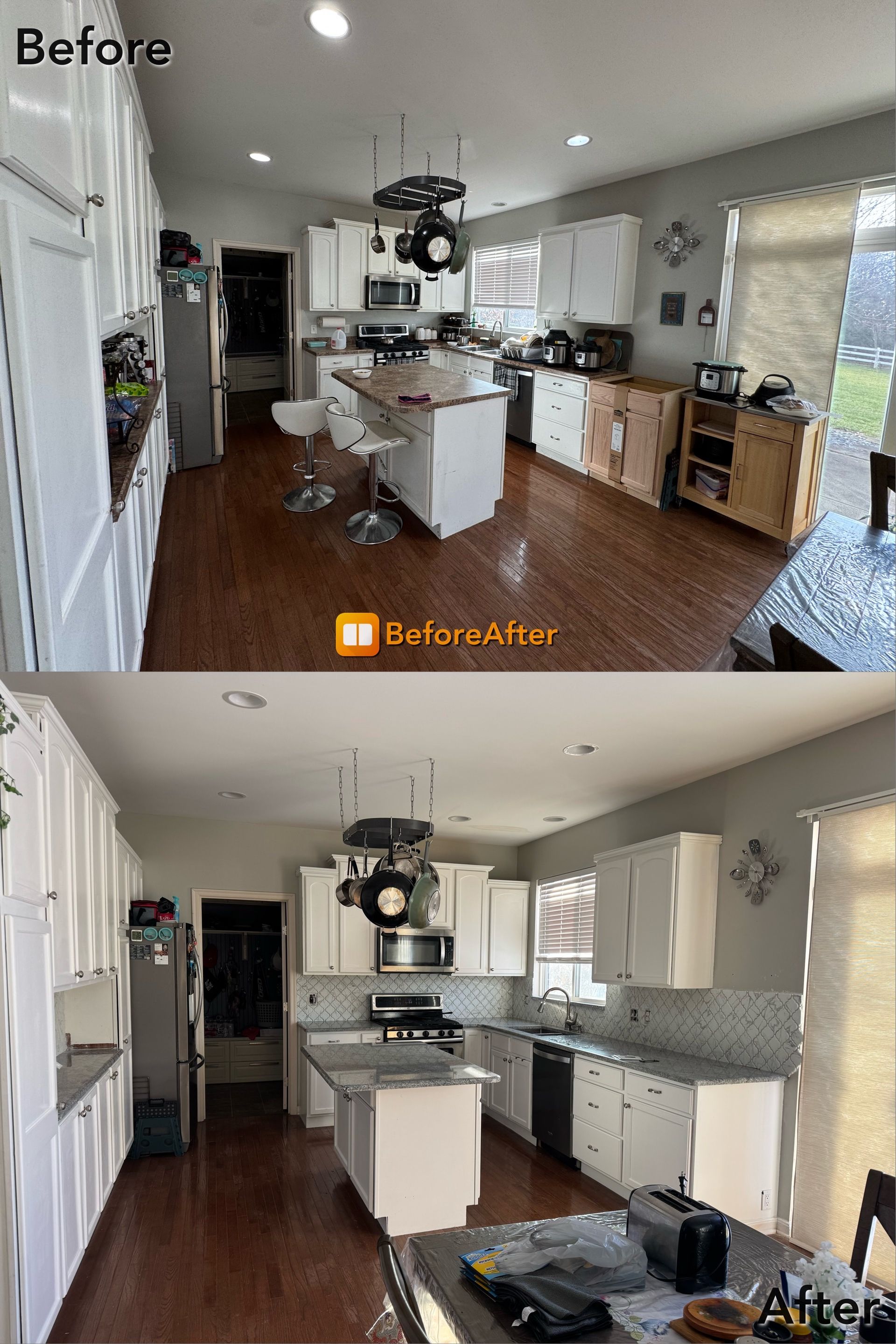 Before and after photos of a kitchen renovation. Changes include countertops, appliances, and cabinet finishes.