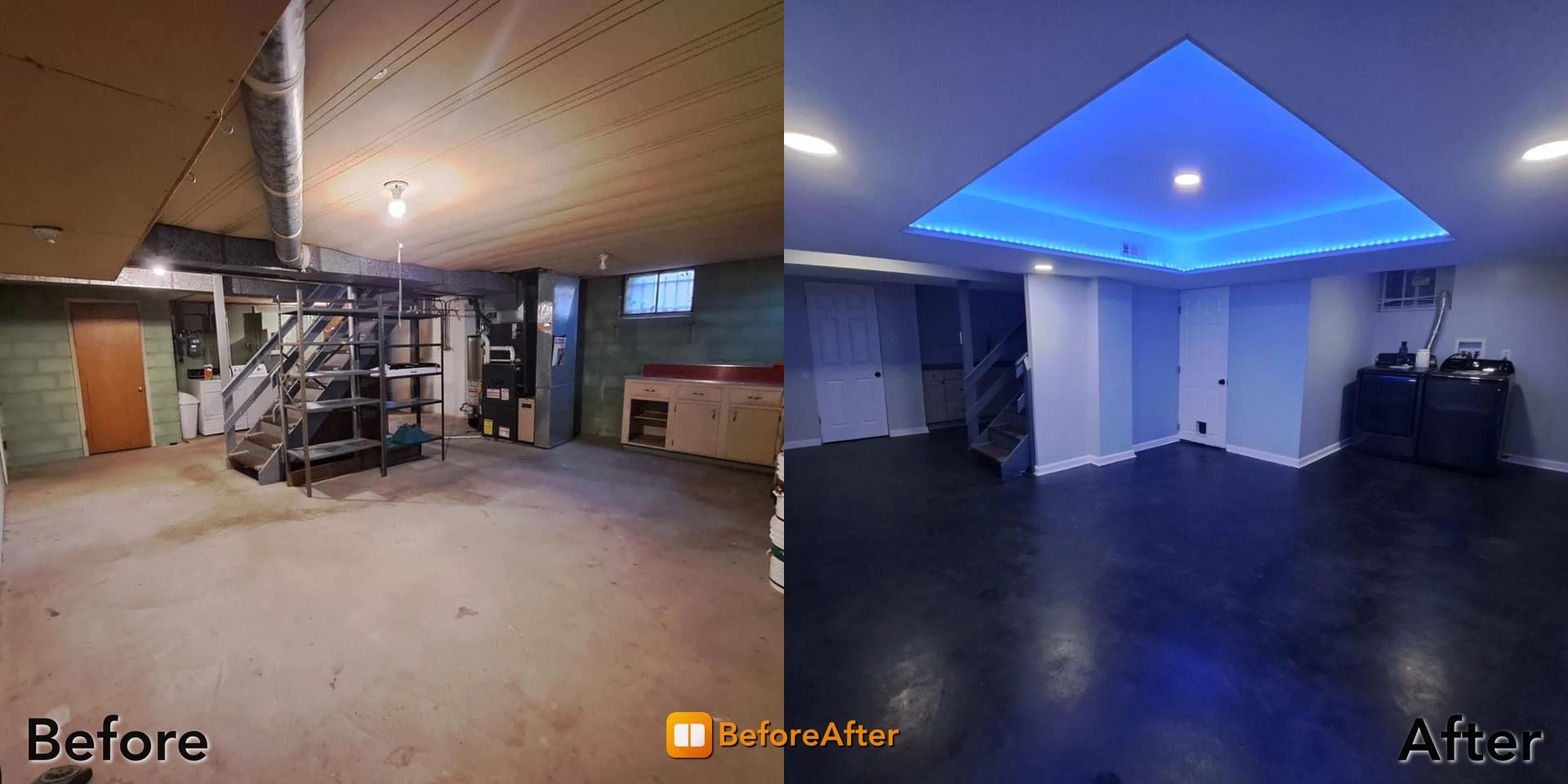 Basement renovation before and after. Includes old cluttered space and new modern space with blue ceiling lights.