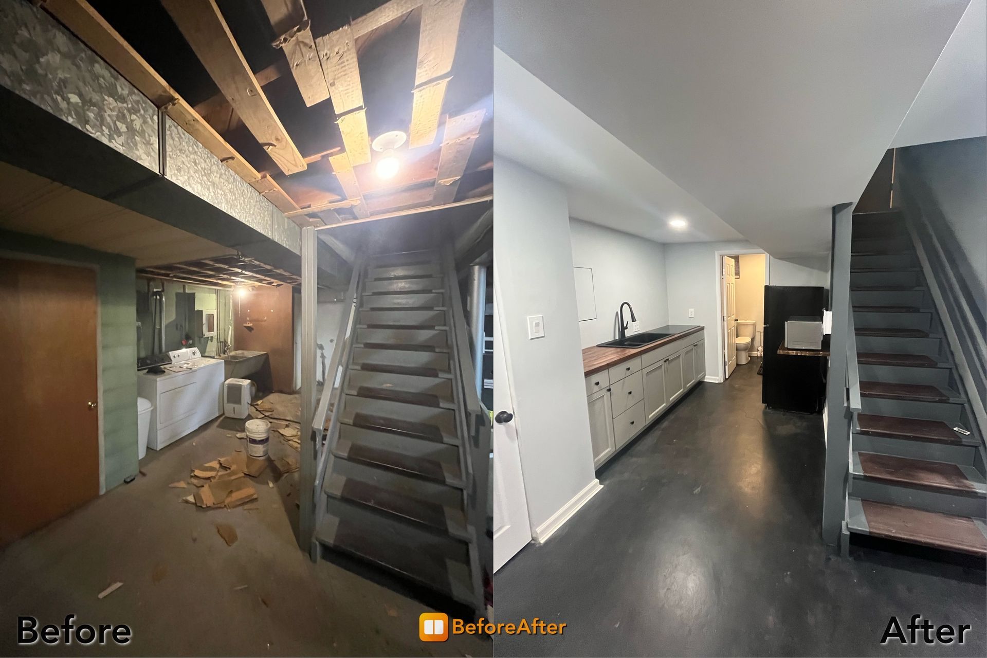 Before and after renovation: a basement stairwell transforms from unfinished to a modern space with a kitchenette.