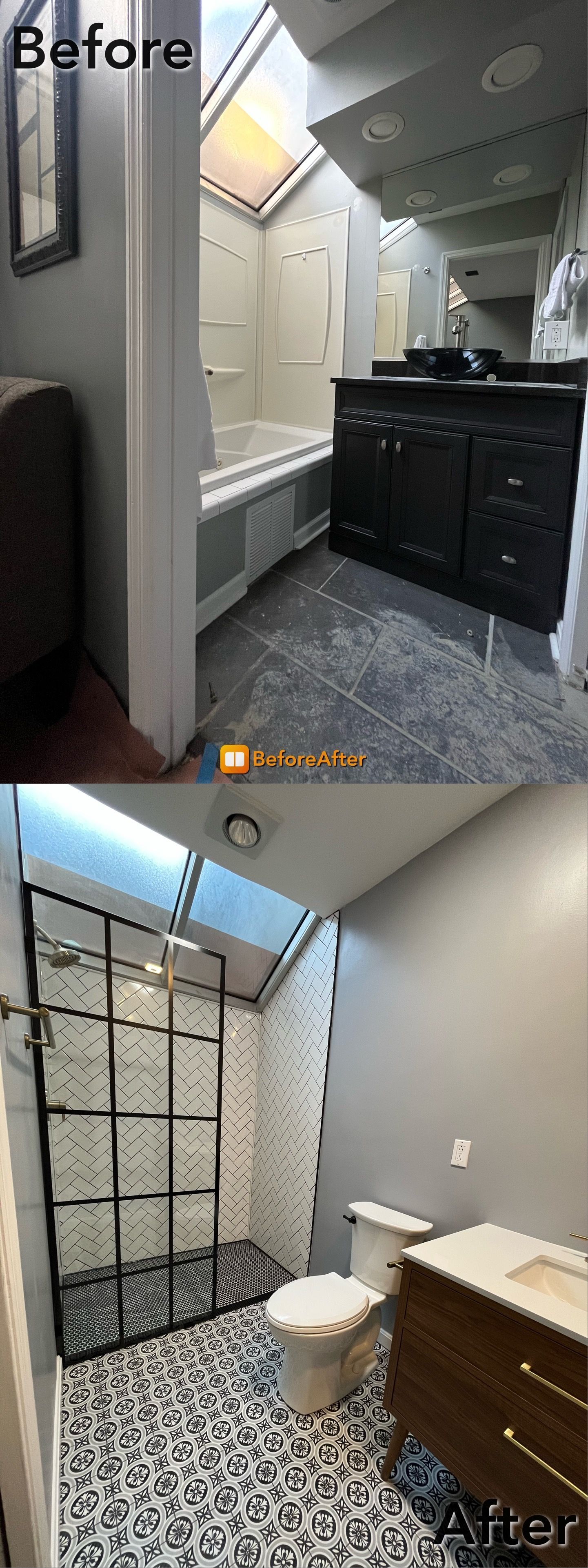 Bathroom renovation before and after: black vanity replaced with wood, new shower, updated tile.