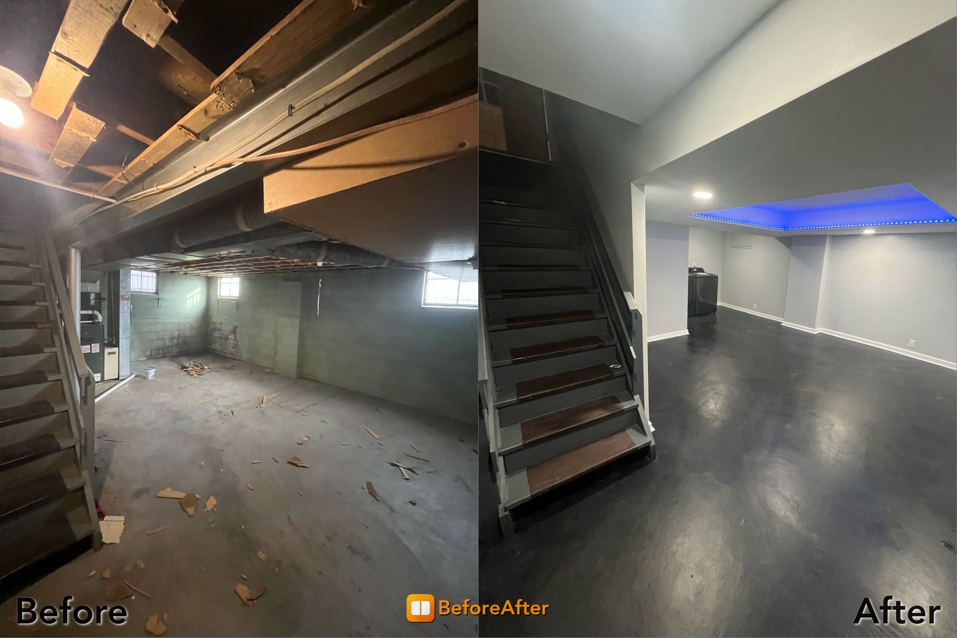 Before & after photos of a basement renovation: unfinished space becomes a modern room with dark floor and recessed lighting.
