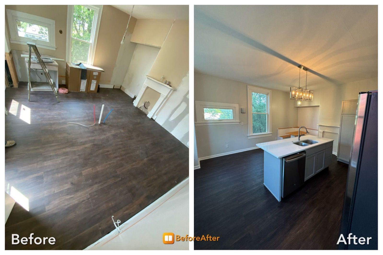 Before-and-after view of a renovated room with dark floors, a kitchen island, and light-colored walls.