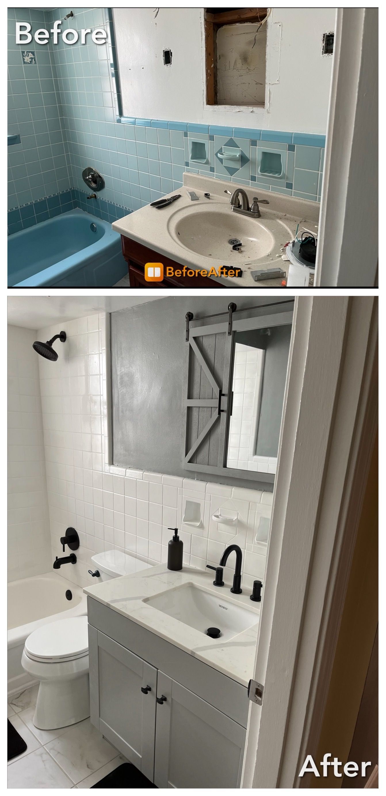 Bathroom renovation: before/after. Old blue bathroom with white vanity replaced by modern white, black fixtures.