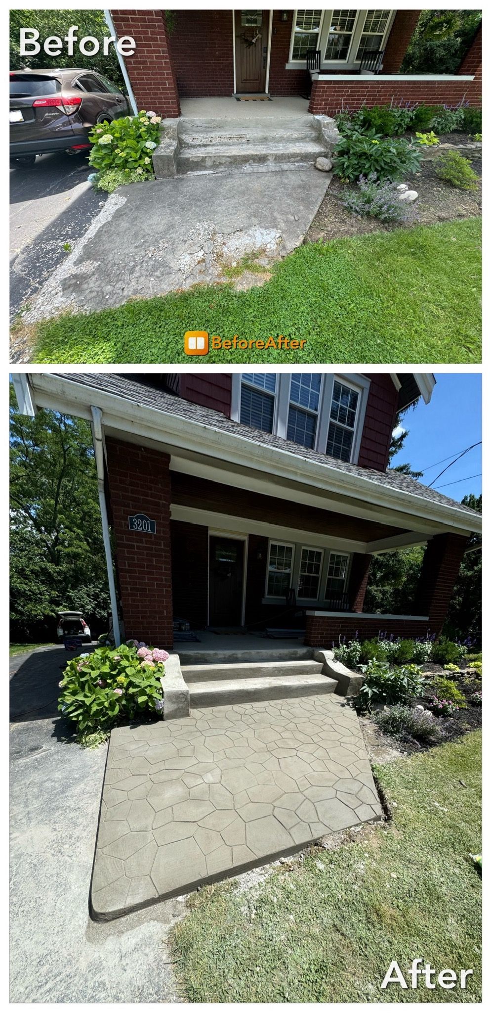Before and after of a home's entrance; concrete pathway and steps have been renovated.