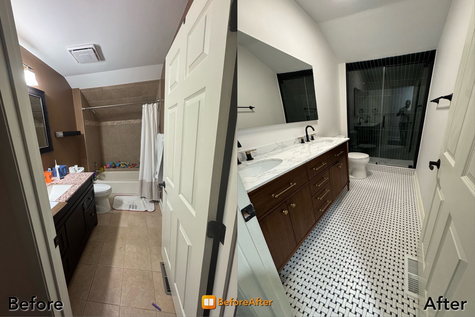 Before and after bathroom renovation. Left shows dated brown bathroom. Right, a modern update with white and black tile.