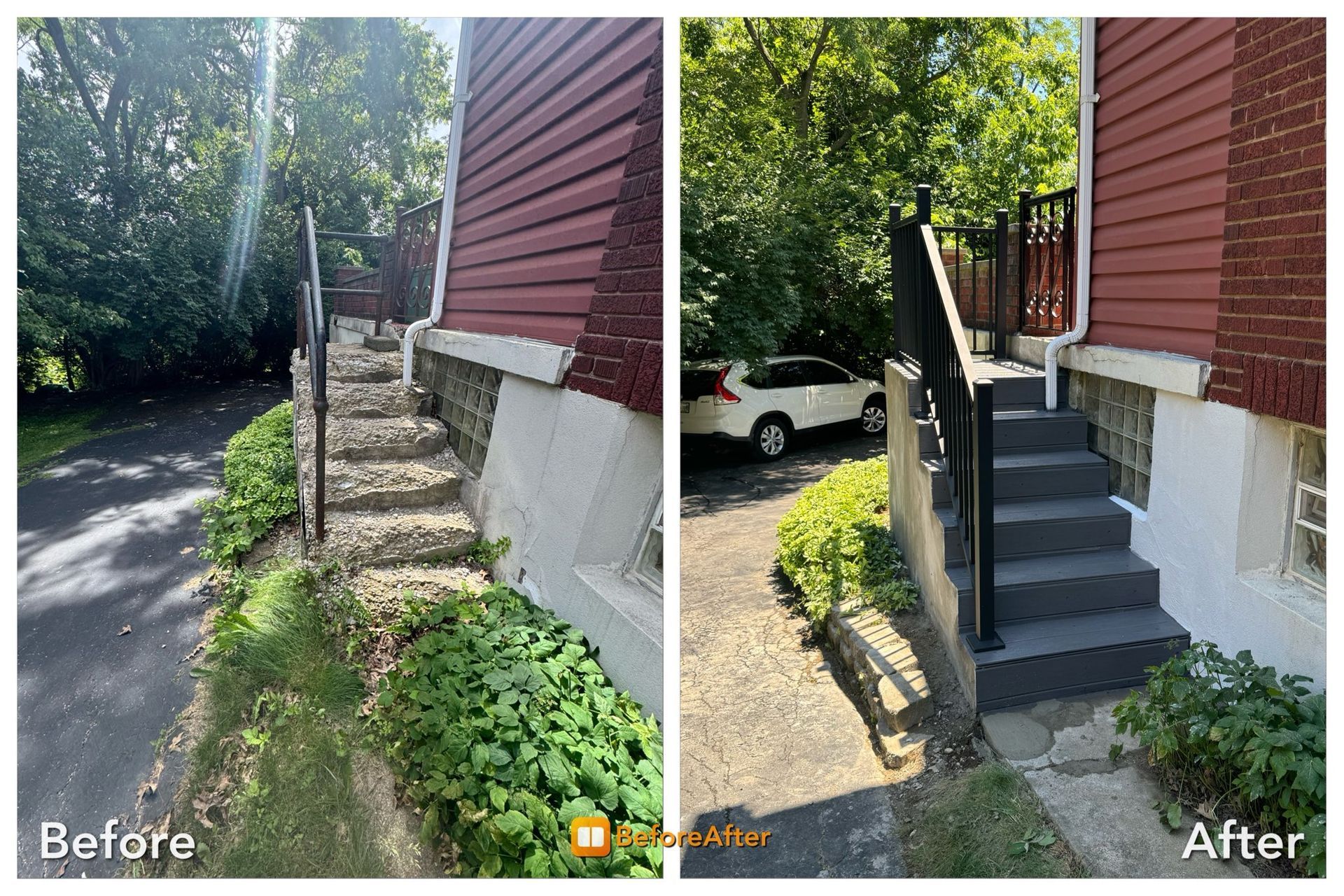 Before/after of steps: old worn steps on left, new painted gray steps and handrail on right.
