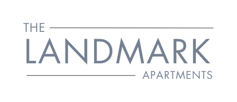 The Landmark Apartments logo in gray on a white background