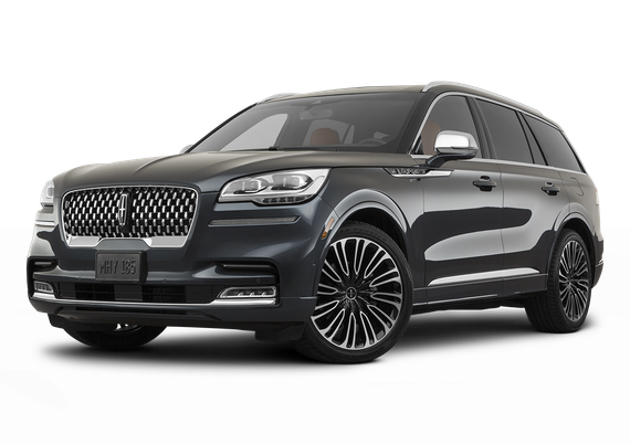 Silver Lincoln Navigator SUV, front view.