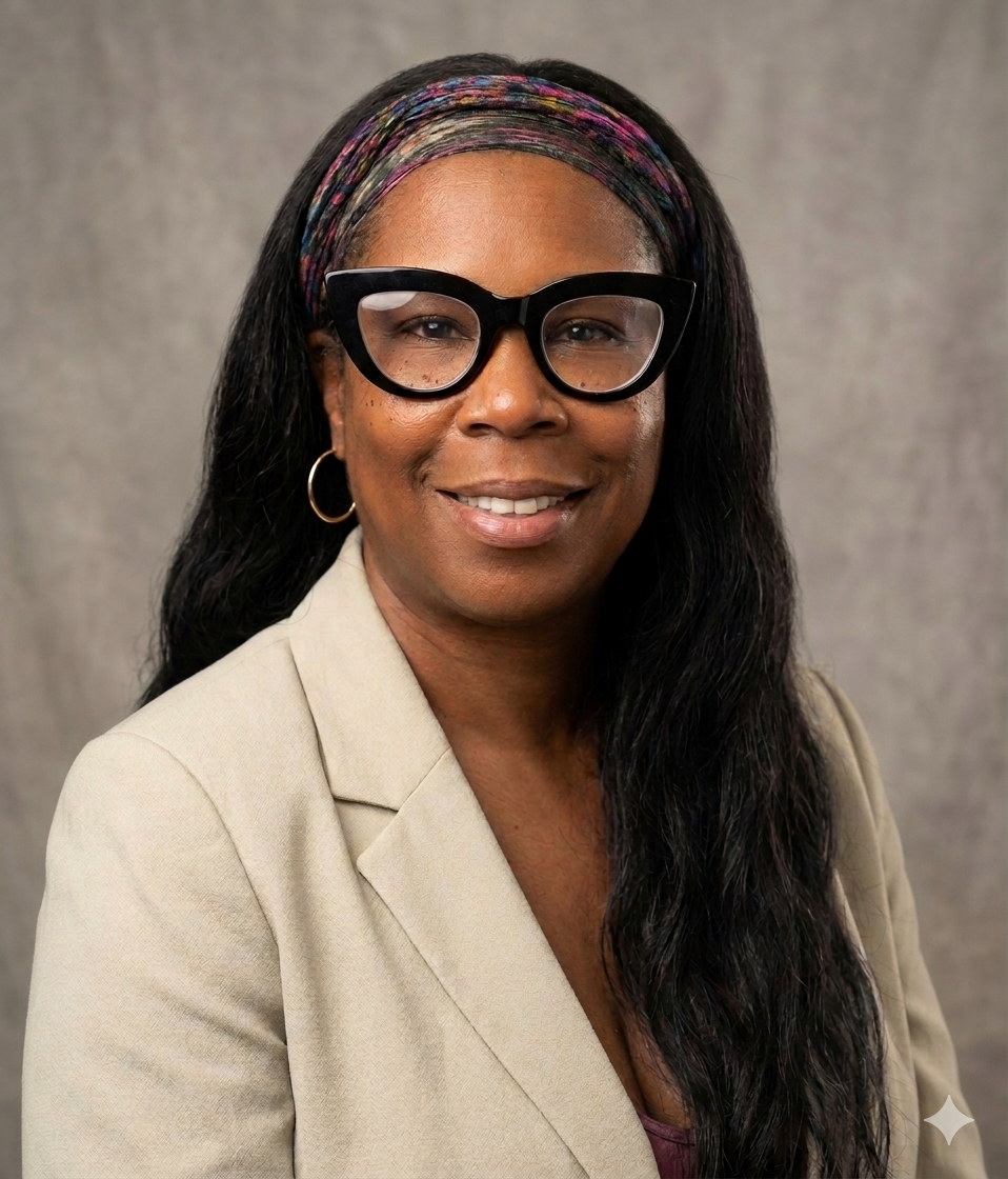 Smiling person in a beige blazer and black glasses with a patterned headband against a gray backdrop