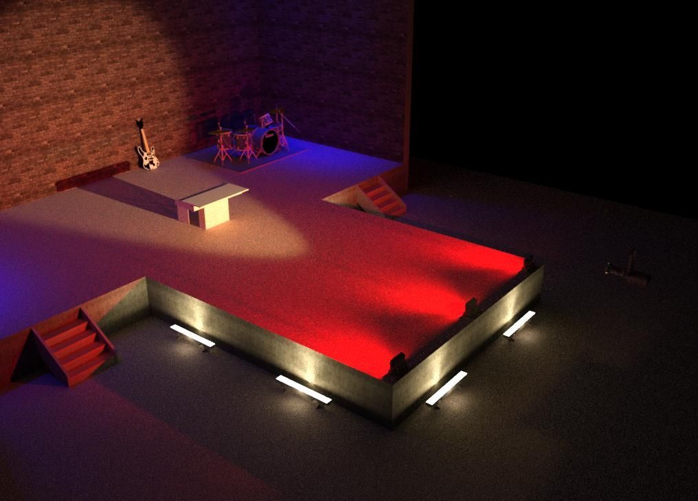 3D rendered concert stage with red and blue lighting, drum kit, and guitar