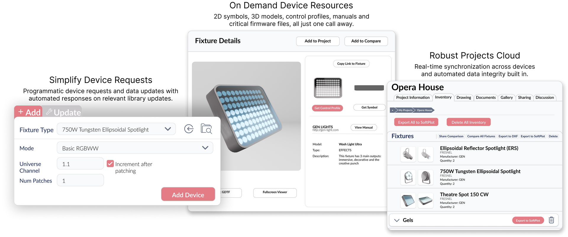 Feature overview: fast device search, 50,000+ item AV/lighting library, and detailed product page for a 750W Ellipsoidal Spotlight