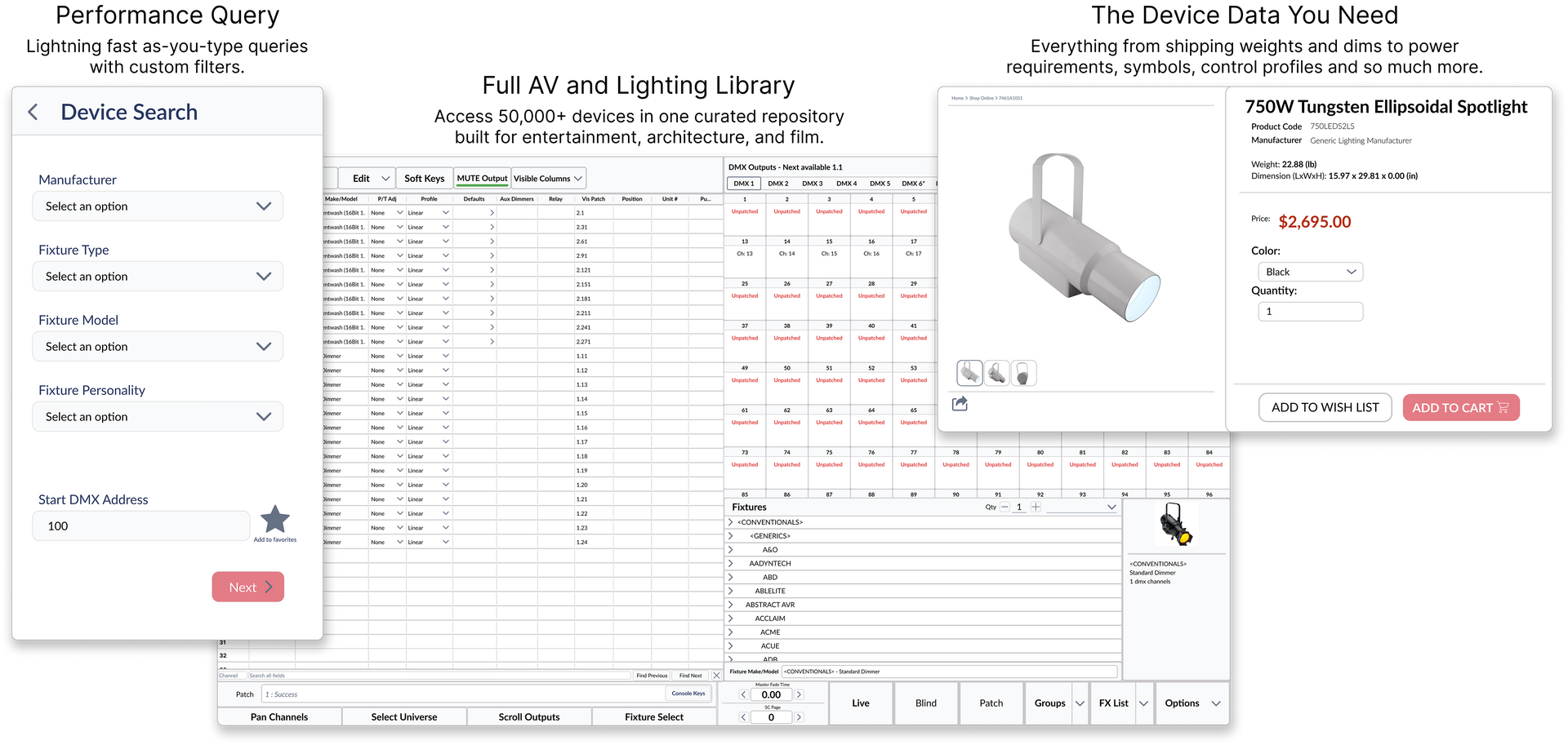Feature overview: device request form, fixture details with control profiles, and Opera House project inventory list