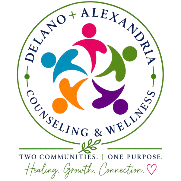 Logo for Delano Counseling & Wellness featuring five stylized figures in a colorful, circular interlocking formation.