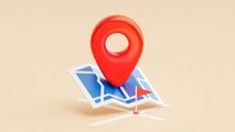 A large 3D red location pin hovering above a small, blue stylized map with a tiny red flag marker on a beige background.