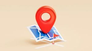 A large 3D red location pin hovering above a small, blue stylized map with a tiny red flag marker on a beige background.