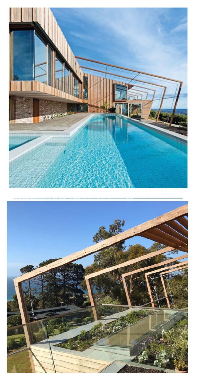 Two Photos of A Modern House with A Long Pool and Wooden Pergola — On The Rise Builders in North Arm, QLD