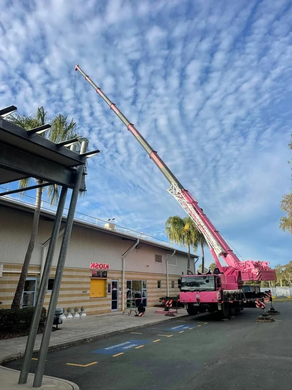 Bright Pink Crane is Positioned in a Parking Lot