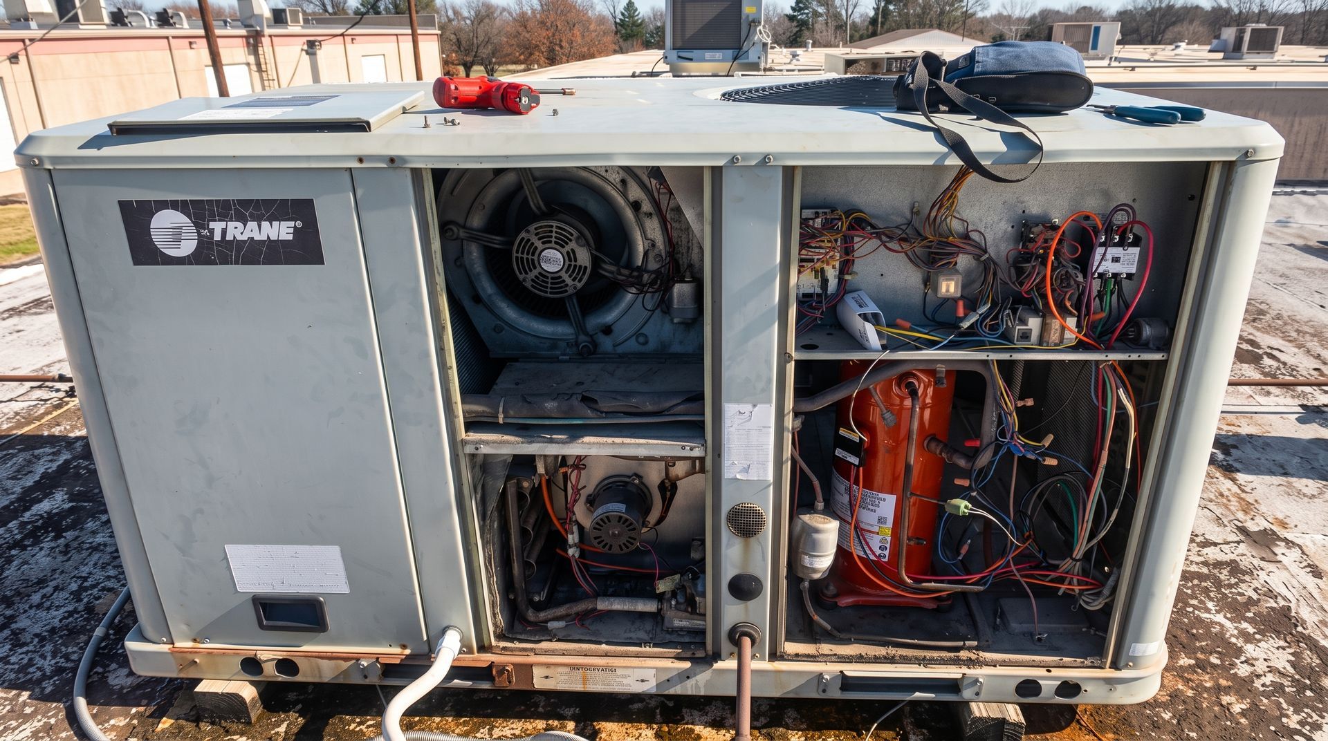 Technician kneels by outdoor HVAC unit, inspecting electrical panel beside brick wall.