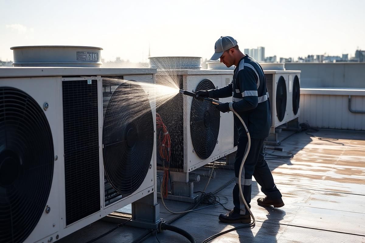 Worker washing rooftop HVAC units with a pressure hose on a sunny rooftop.