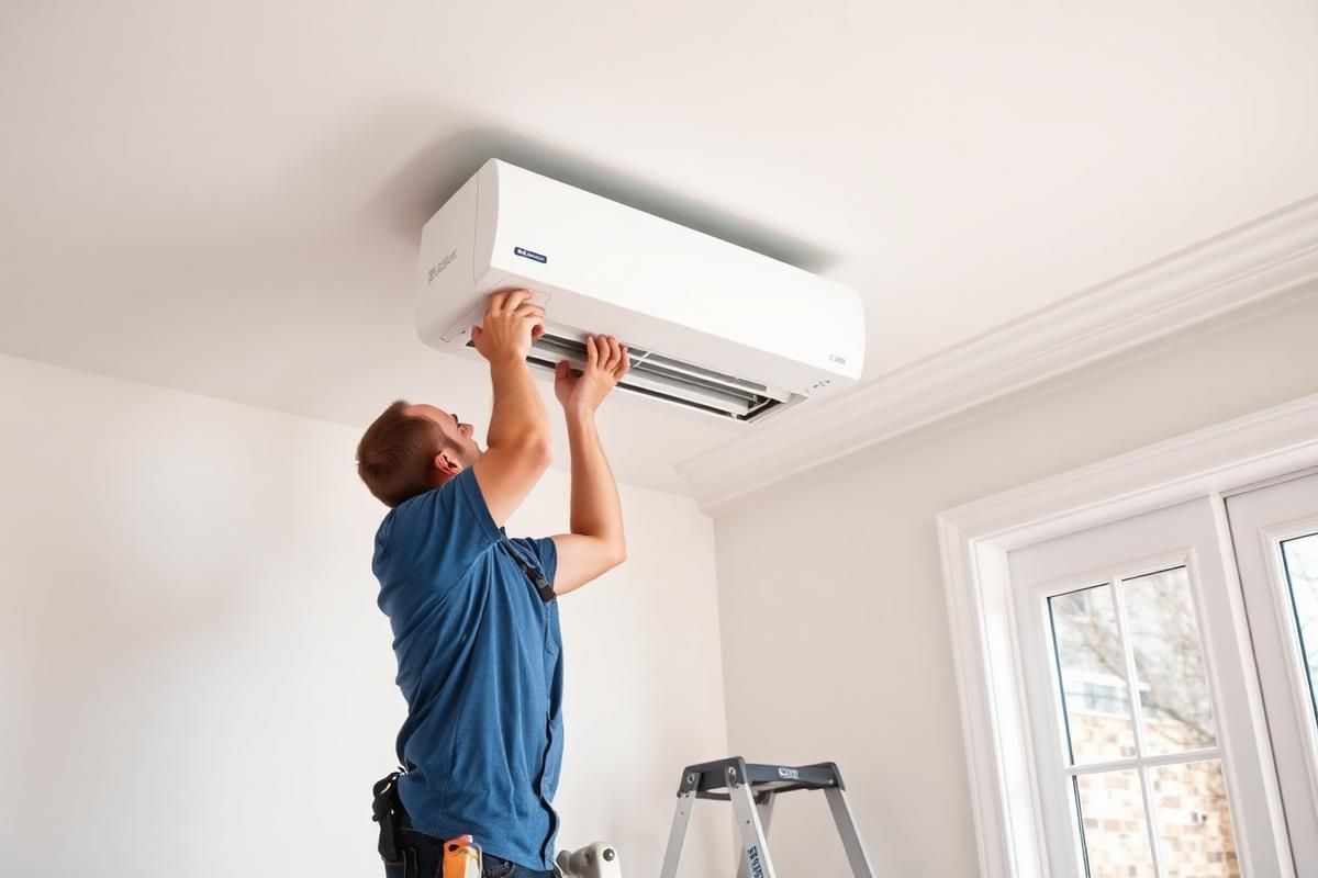 Technician installing a wall-mounted air conditioner indoors with a ladder nearby