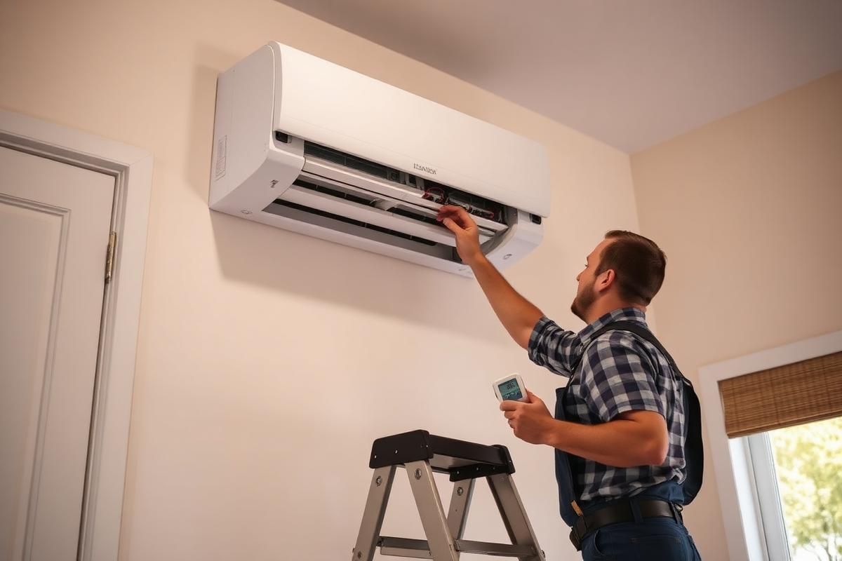 Man installing a wall-mounted air conditioner indoors, using a step ladder and remote control