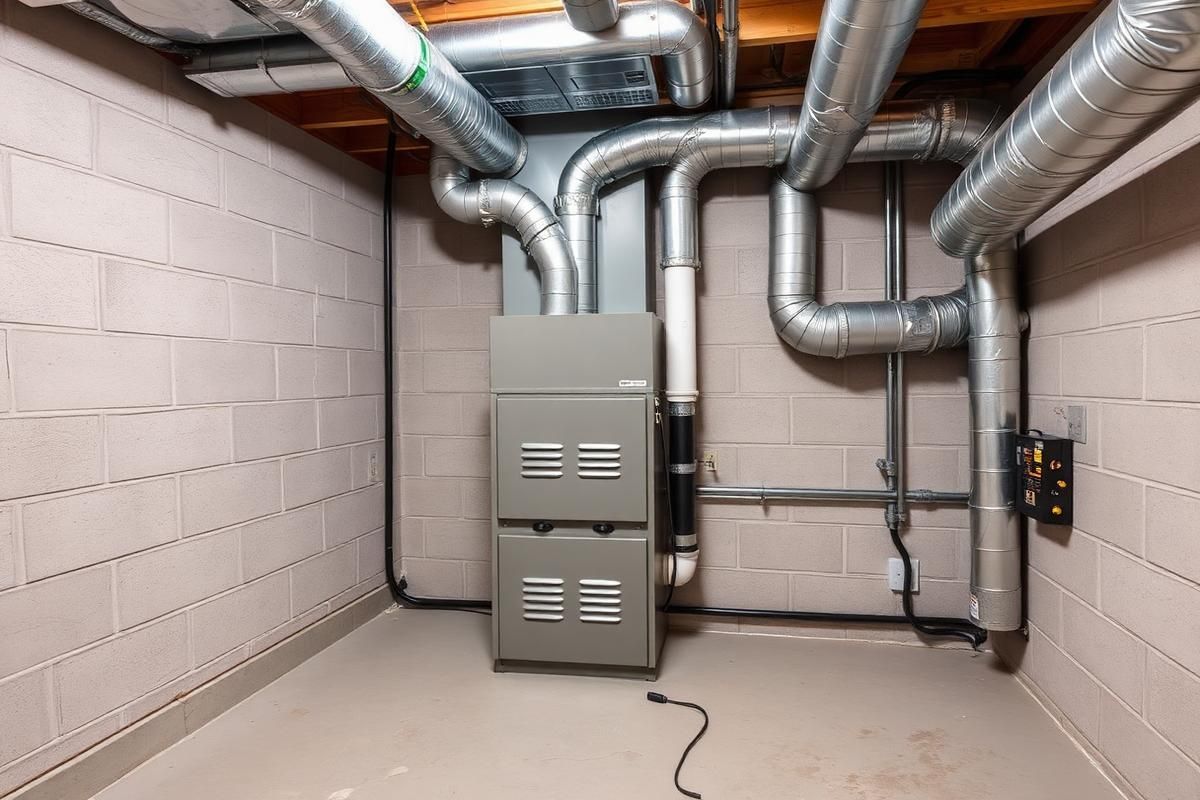Basement utility room with silver ductwork, gray electrical panels, and exposed pipes on white walls.