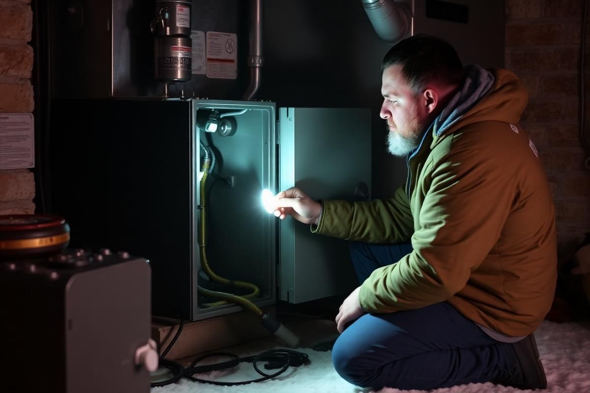 Person kneels by an open furnace panel, inspecting wiring with a flashlight in a dim utility room