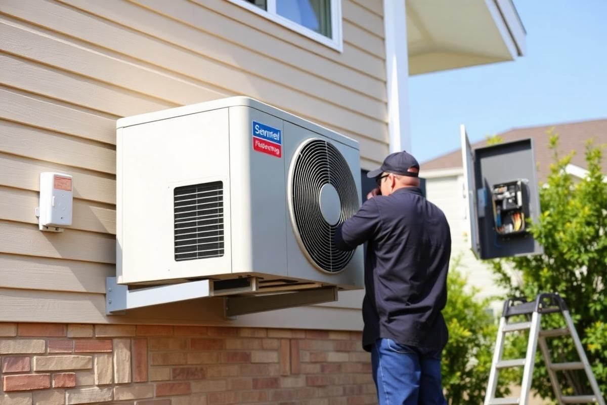 Technician servicing an outdoor air conditioner unit beside a house