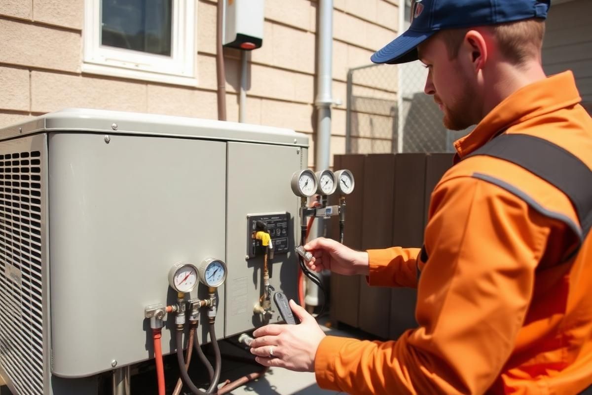 Technician in orange jacket inspecting outdoor electrical equipment with gauges and wiring