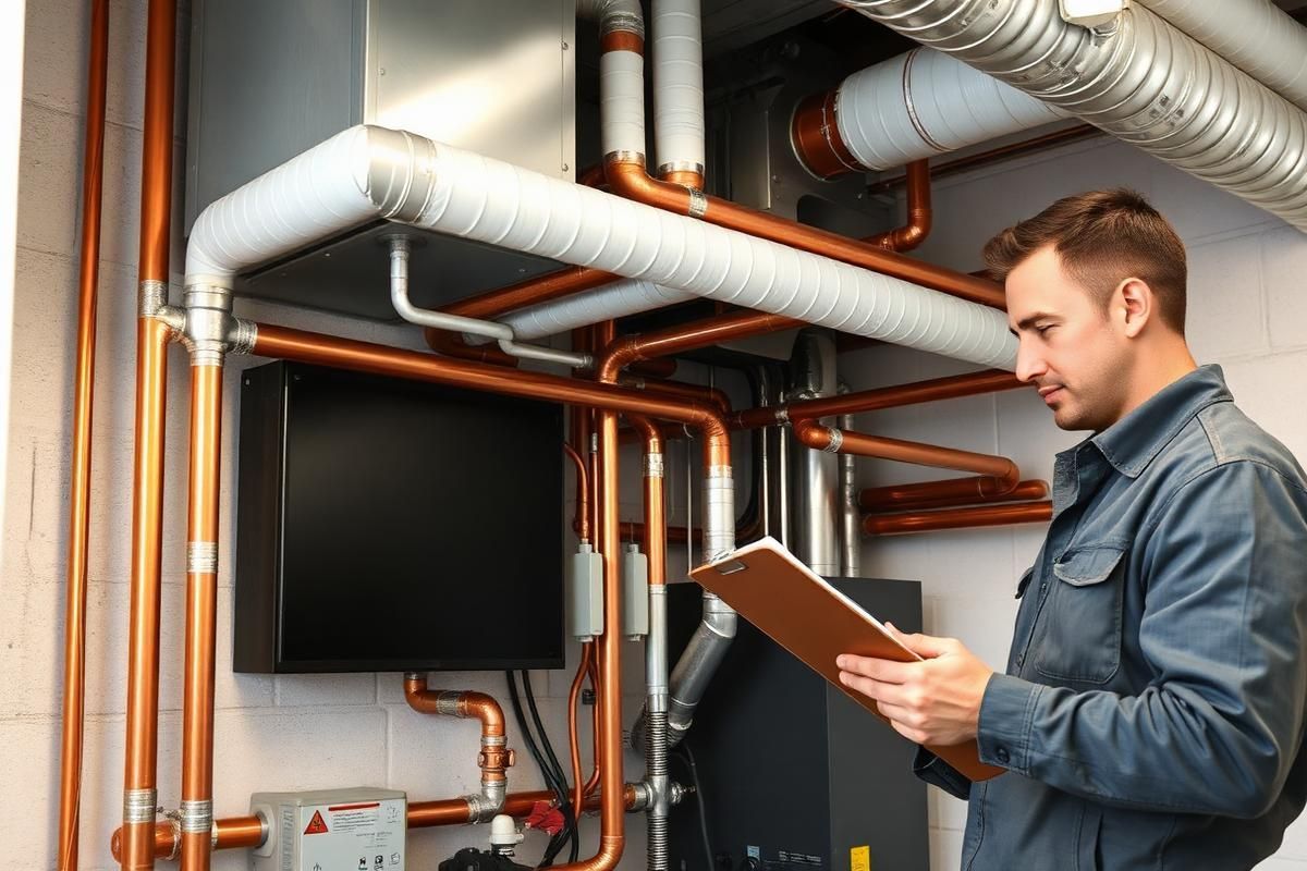 Technician inspecting HVAC and plumbing pipes in a utility room, holding a clipboard.