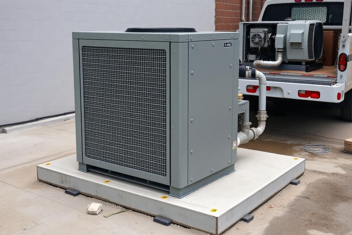 Gray HVAC unit on a concrete pad beside a utility truck in an industrial setting