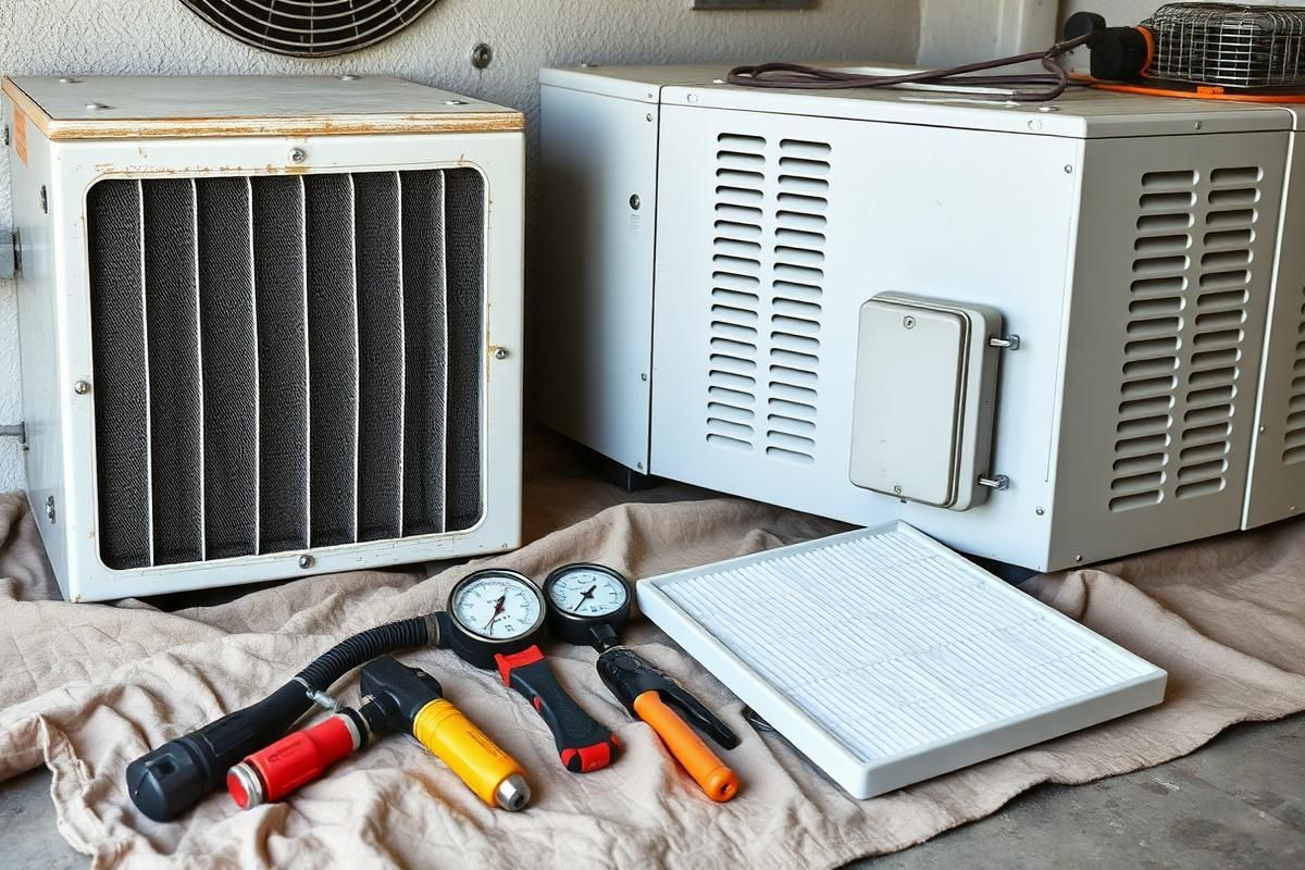 HVAC filters, gauges, tools, and a metal unit on a cloth-covered workbench