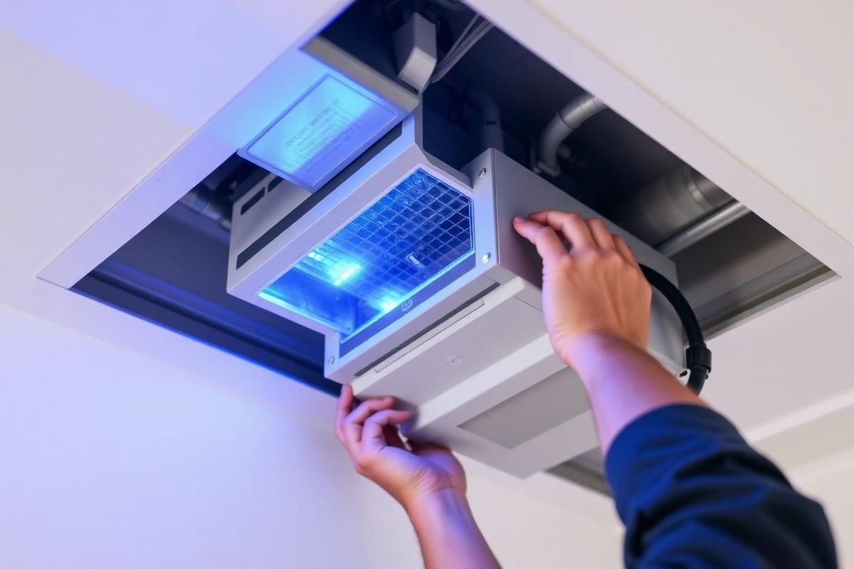 Hands removing a ceiling air vent filter, with blue light visible inside the duct.