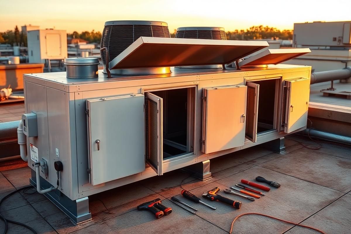 Rooftop HVAC units and ductwork at sunset, with tools laid out on the roof.