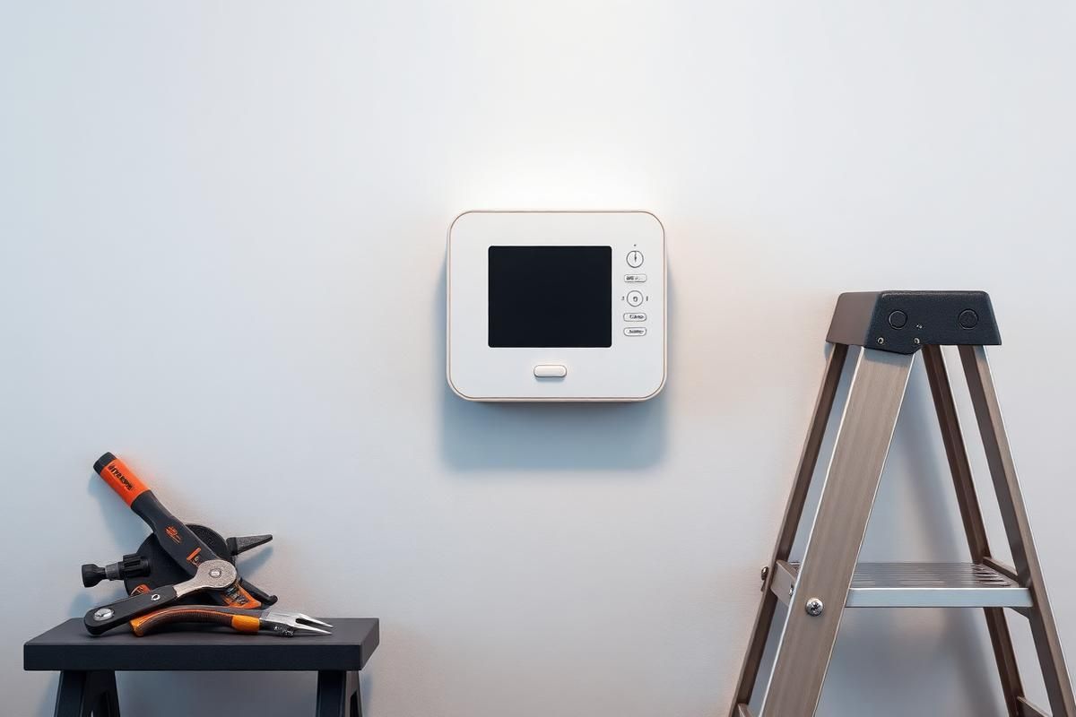 Small wall-mounted thermostat between a tool table and a step ladder in a room under renovation