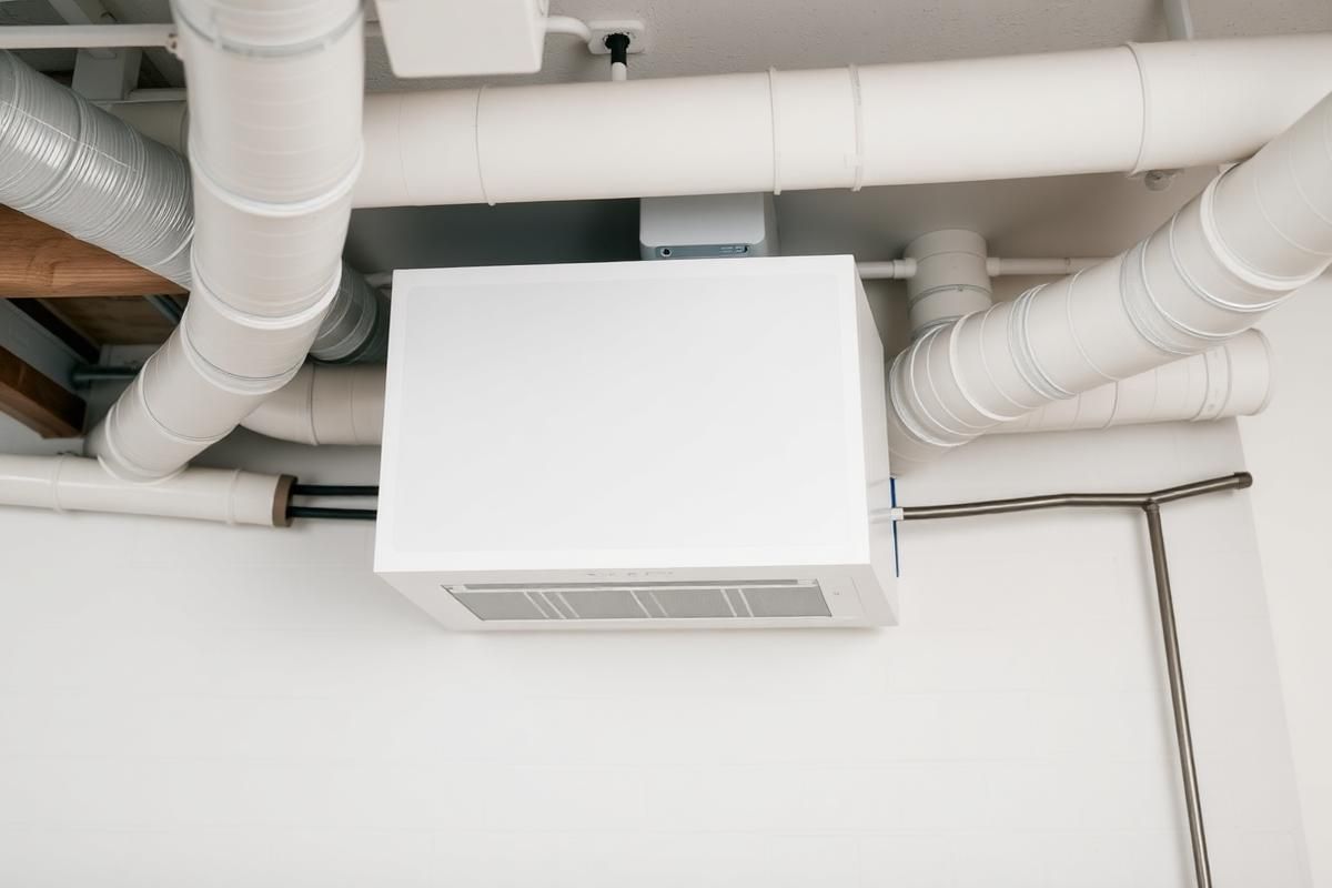 White ceiling vent surrounded by exposed white ductwork and pipes indoors
