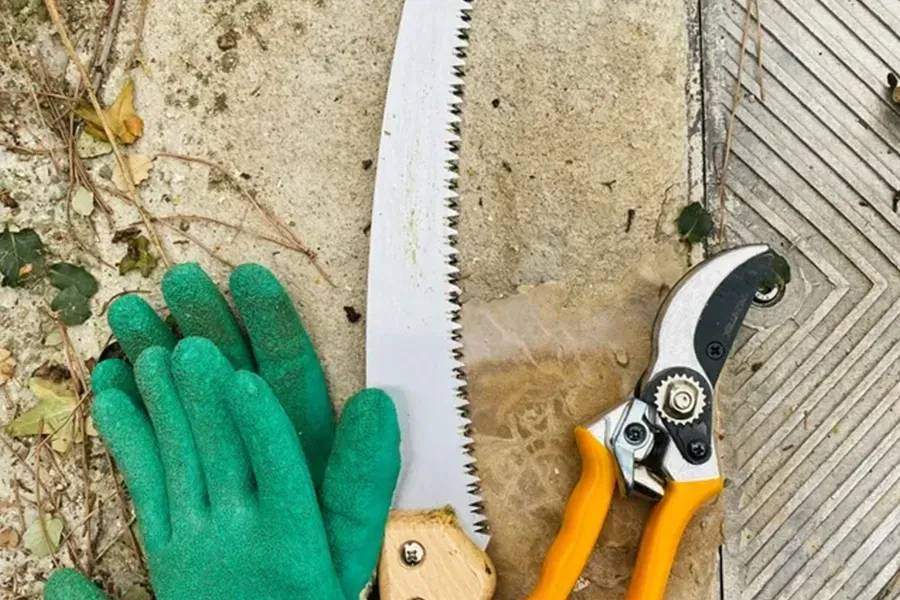 Green glove, pruning saw, and pruners on concrete beside a metal grate.