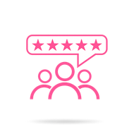 Pink outline of a 5-star review above three people icons