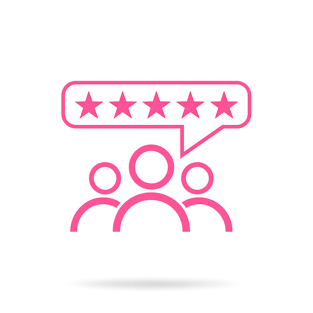 Pink outline of a 5-star review above three people icons