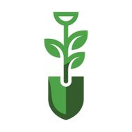 Green plant sprouting from a shovel icon, symbolizing gardening or growth