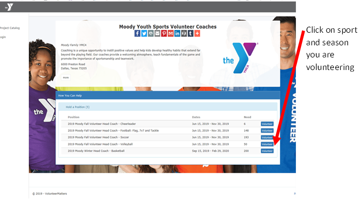 YMCA volunteer webpage with blue table and sidebar prompting users to click a sport and session to volunteer