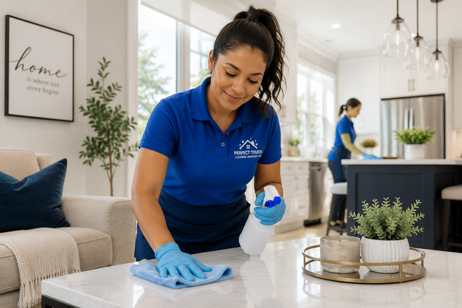 Cleaner wiping a marble countertop in a bright modern kitchen with blue gloves and spray bottle