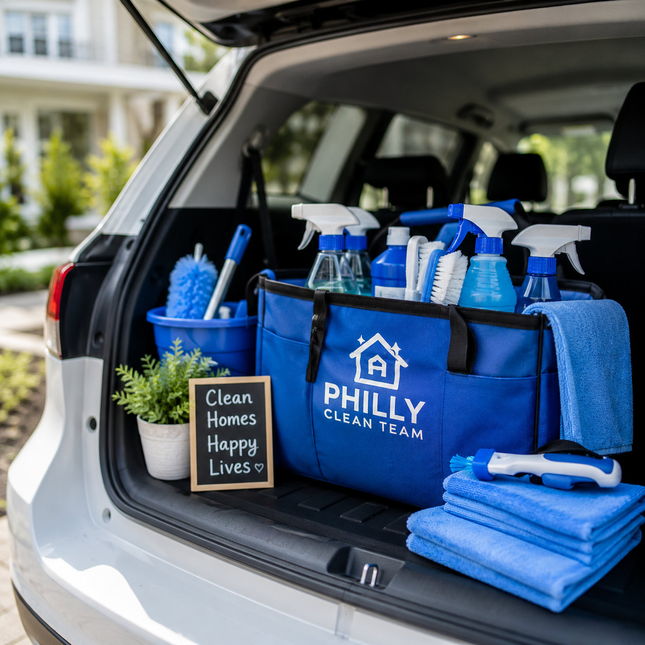 Cleaning supplies in blue tote and caddy at open car trunk, with sign reading “Clean Homes Happen.”