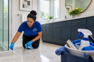 House cleaner in blue uniform scrubbing a marble floor in a bright kitchen with cleaning supplies nearby