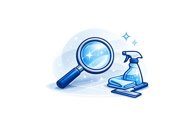Blue house and open box with magnifying glass, representing home inspection or property search.