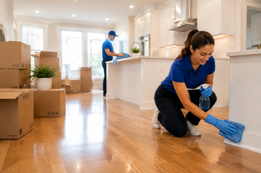 Two movers in blue uniforms clean a bright kitchen and hardwood floor in a new home with boxes.