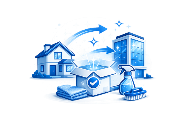 Blue icon of a house, cleaning tools, and sparkling stars representing home cleaning or housekeeping services