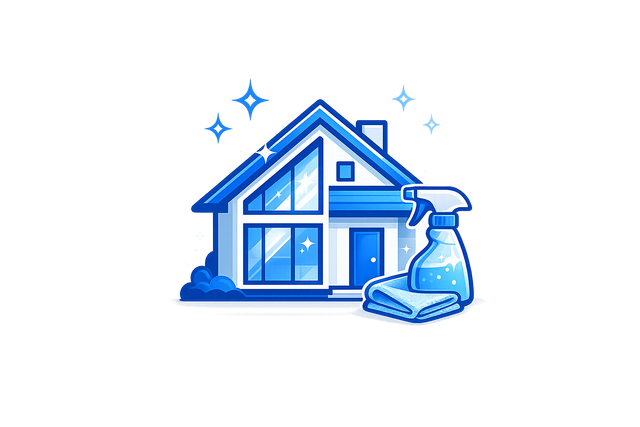 Blue cleaning spray bottle and magnifying glass with sparkles, symbolizing cleanliness and inspection