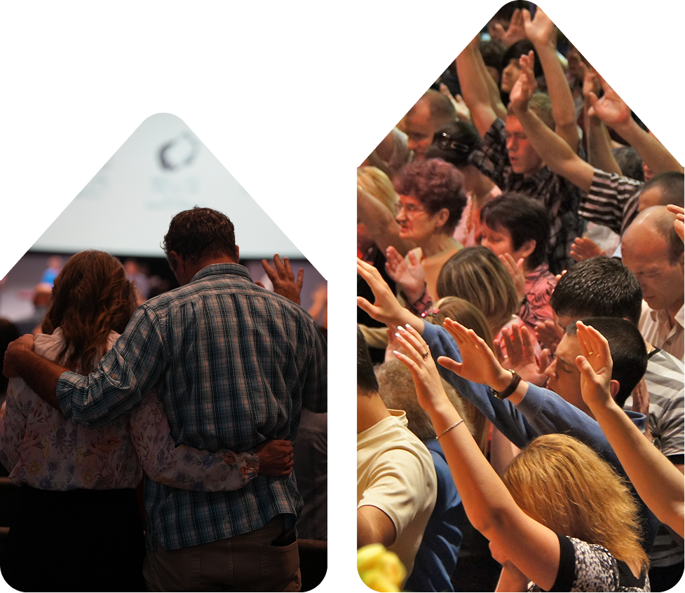 Two crowd scenes: a couple embracing on stage and an audience clapping with raised hands.