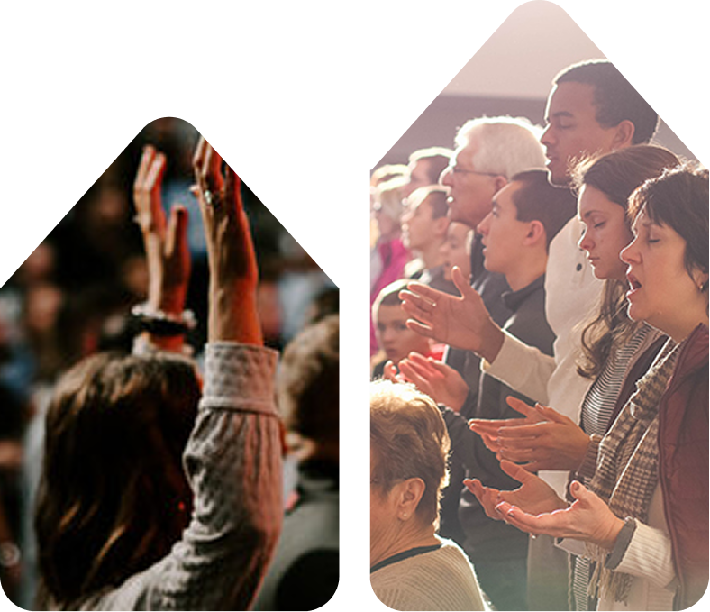 People applauding in a crowd, seen in two diamond-shaped photo panels.